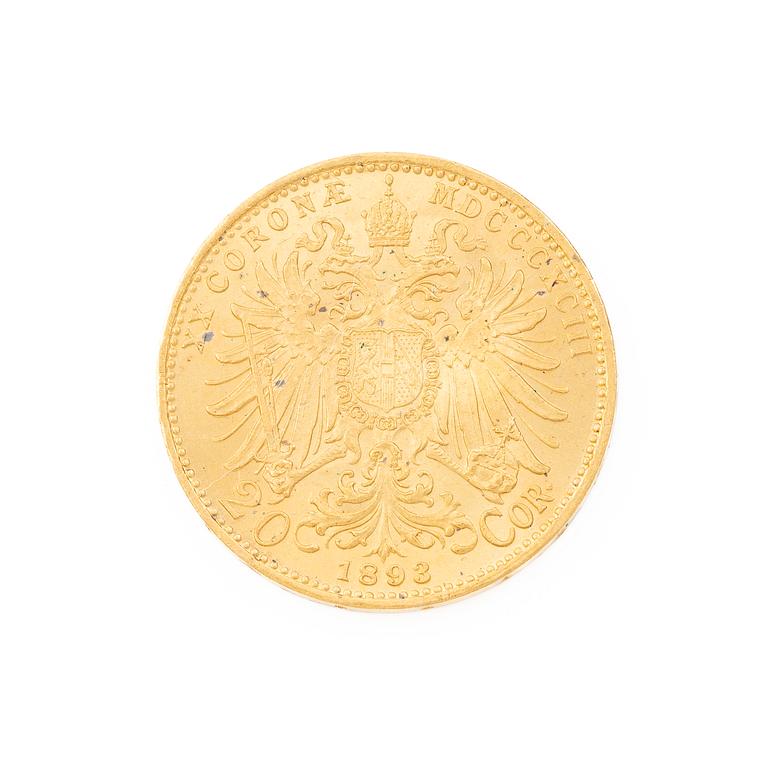 Guldmynt, Österrike-Ungern, 20 Corona, 1893.