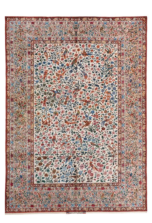 MATTO, "Golo Bolbol" (="Flower and bird"-motive), a silk Esfahan figural, ca 337 x 243,5 cm, Mohammad Seirafian.