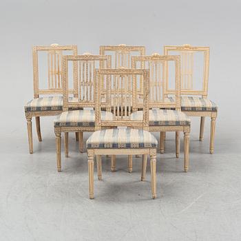 A set of six gustavian chairs made in Lindome by Johannes Andersson (1763-1840), signed IAS+, around the year 1800.
