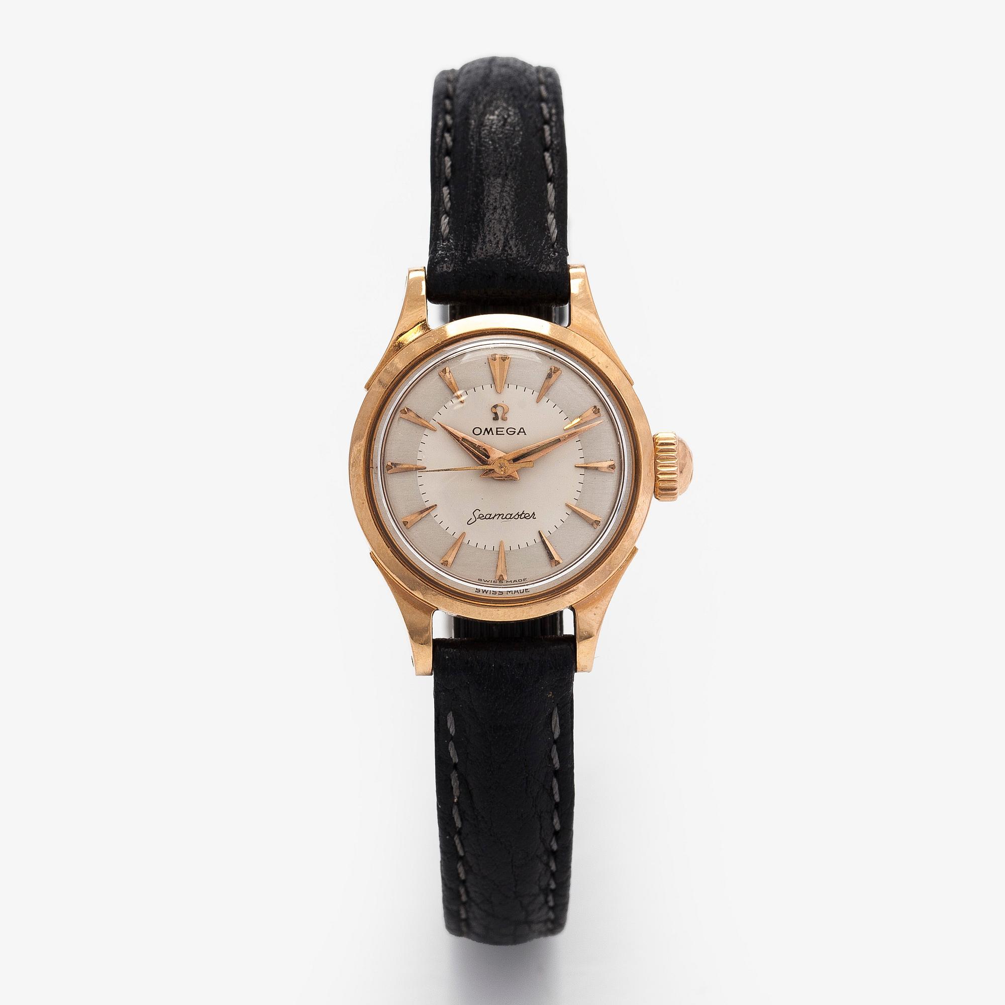 Omega, Seamaster, wristwatch, 22 mm, 18K gold, manual, plastic crystal.