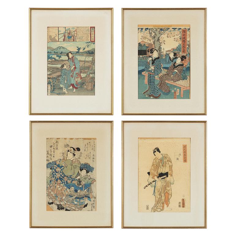 Different artists, four colour woodblock prints, Japan.