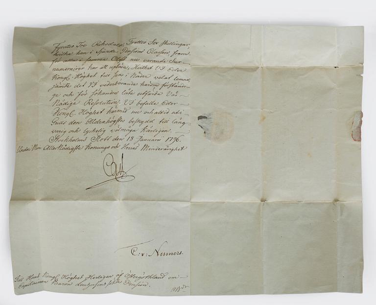 HERTIG KARL AV SVERIGE (1748-1818), brev, undertecknat och daterat Stockholms Slott 18 januari 1796.