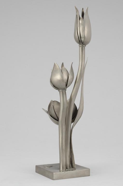 A Björn Trägårdh pewter candelabrum for three candles in the shape of tulips, Svenskt Tenn, Stockholm 1929.