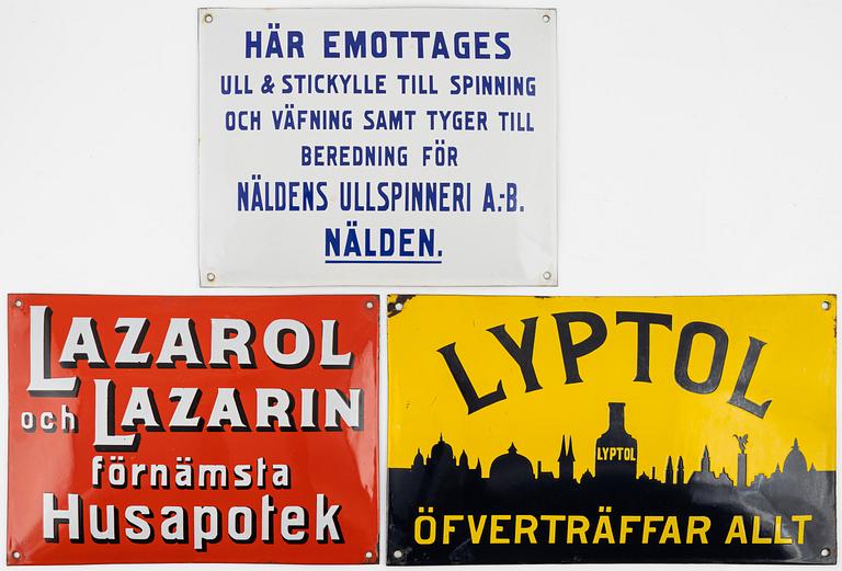 A set of three enamelled advertising signs, early 20th Century.