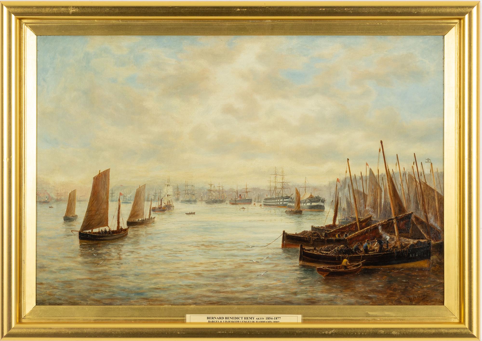 Bernard Benedict Hemy, Barges och linjeskepp i engelsk flodhamn.