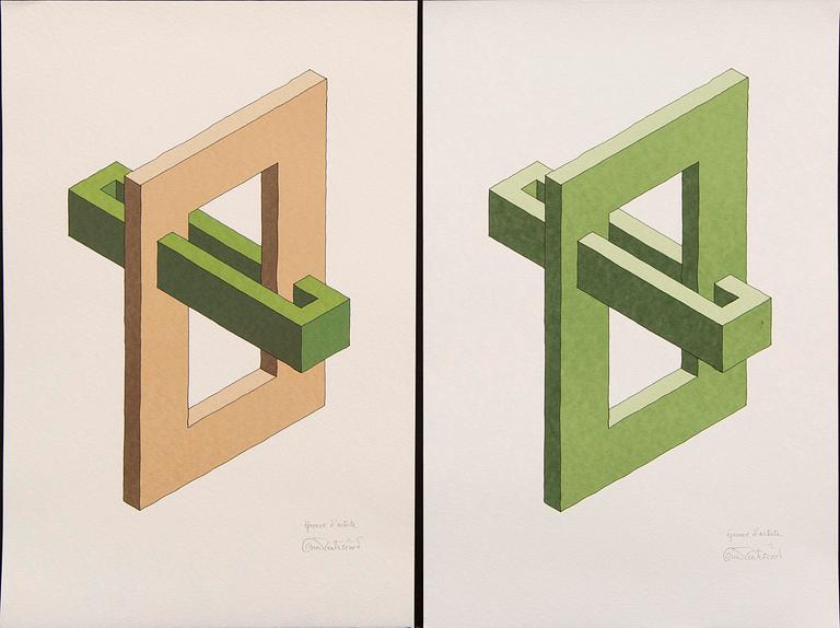 Oscar Reutersvärd, three color lithographs, signed épreuve d'artiste.