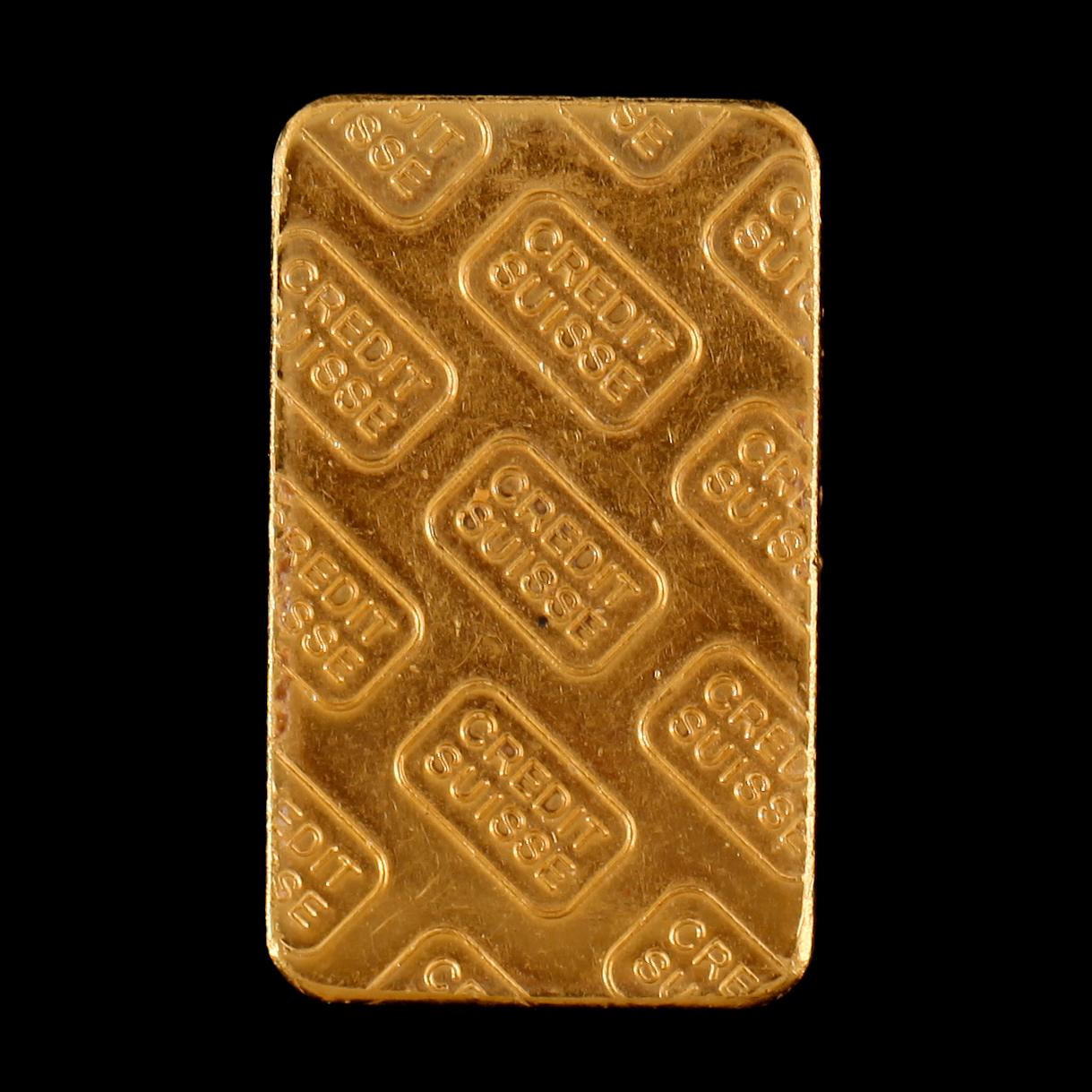 PLAKETT, Credit Suisse, fine gold 999,9 kt. Vikt 10 gram.