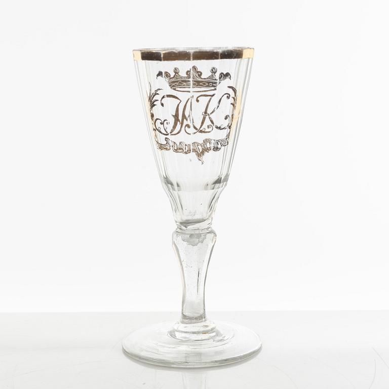 A set of two wineglasses and a small glass, 18th century.