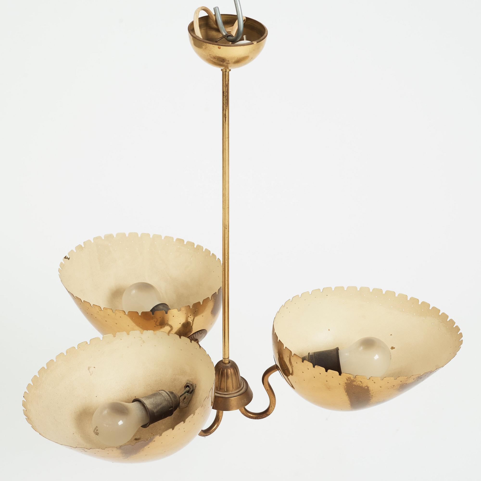 Carl-Axel Acking, probably, a Swedish Modern three light brass ceiling light, Arvid Böhlmarks Lampfabrik, 1940's.