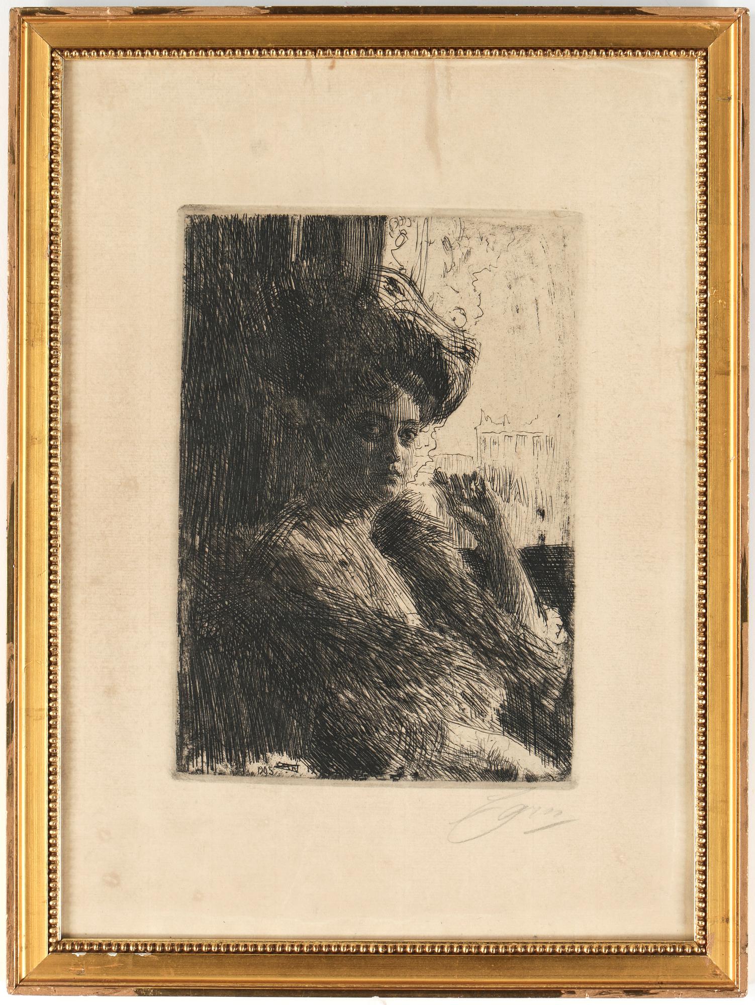 ANDERS ZORN, etsning, "Betty Nansen", utförd 1905, signerad i blyerts.