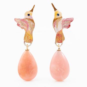 Earrings, silver, 18K gold and enamel in the form of a hummingbird with pink opal, Mandelstam.