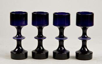 POKALER, 4 st. Blå glasmassa. Kaj Franck, Nuutajärvi, Notsjö, Finland, Modell "Hyrrä".