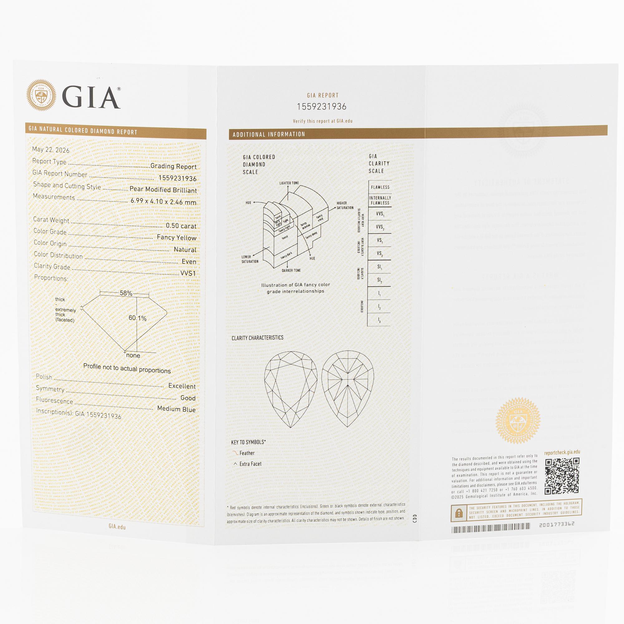 Oinfattad droppslipad gul diamant, 0.50 ct, medföljande GIA report.