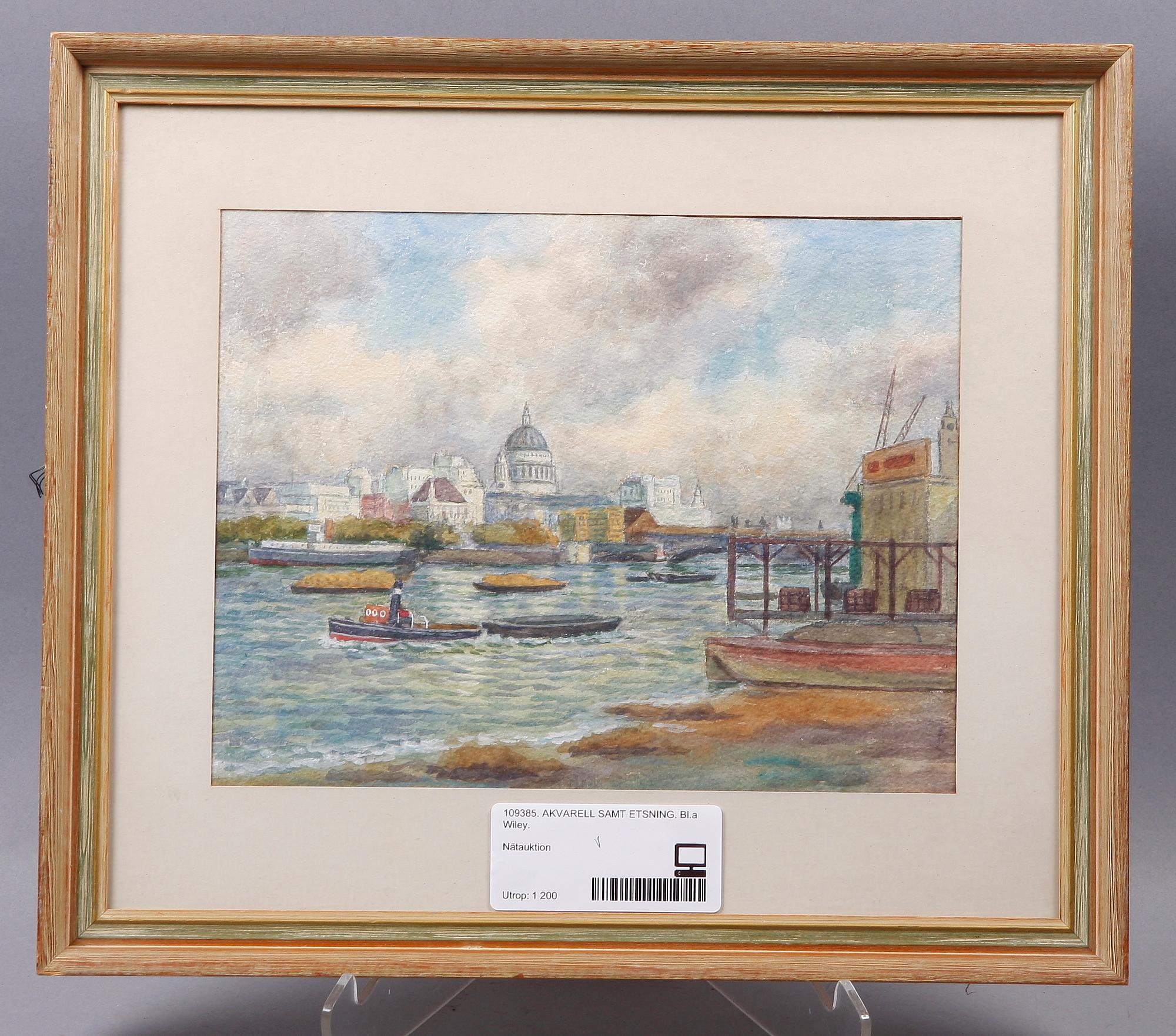 AKVARELL SAMT ETSNING. Bl.a J H Wiley. 1900-tal.