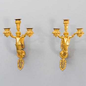 A PAIR OF WALL CANDELABRAS, France, empire first half of the 19th century, ormolu.