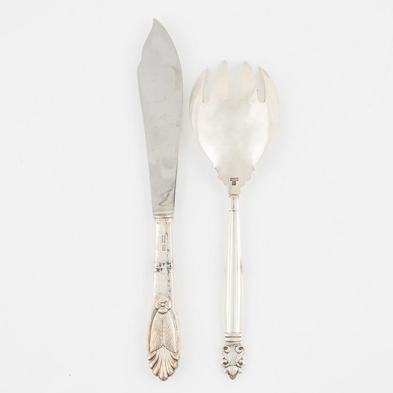 A Georg Jensen serving fork, "Acorn",  and a cake knife, sterling silver, Denmark.