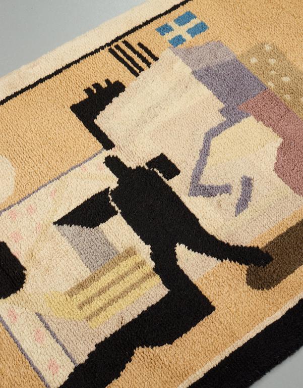 Ingegerd Torhamn, A CARPET AND A SKETCH, "Svensk-Amerika", knotted pile, gouache, the carpet ca 109 x 156 cm, the sketch ca 20x26 cm,
