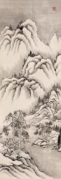 176. A hanging scroll o a landscape with buildings and a figure, by an unknown artist (Zhang Daye), 20th Century.