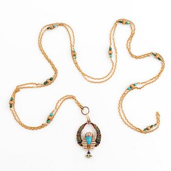 585. Gold with enamel and turquoise, seed pearls, rose cut diamond and ruby egyptian style necklace 1800's.