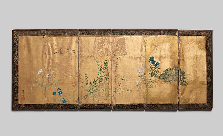 A Japanese six fold table screen, early 20th Century.