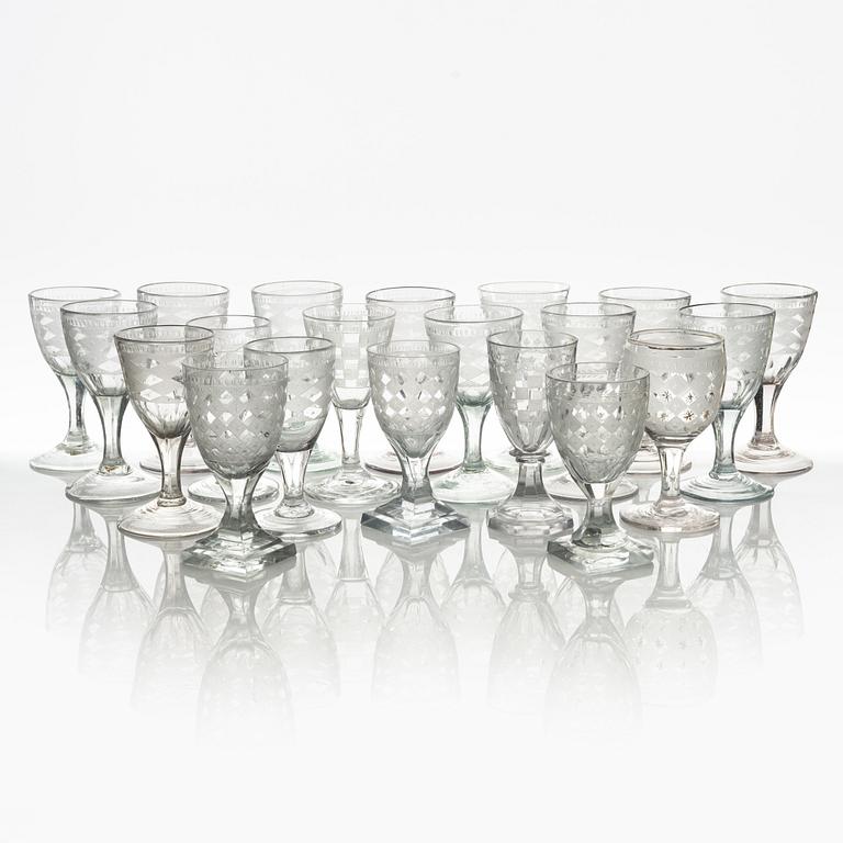 A group of 20 late gustavian liquer glasses, various manufactories, 19th century.