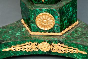 AN EMPIRE STYLE MALACHITE TABLE.