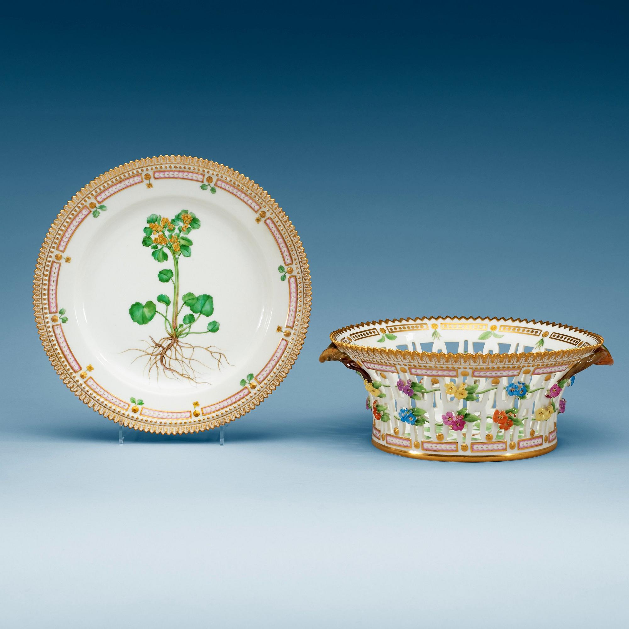 A Royal Copenhagen 'Flora Danica' chestnut basket with stand, Denmark, 20th Century.