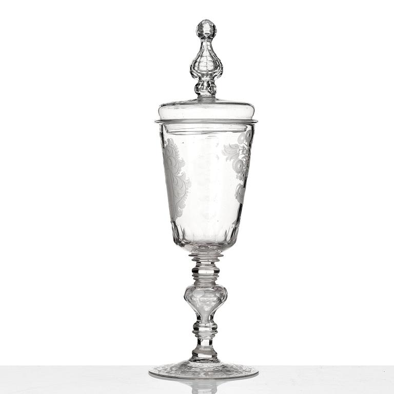 A large Bohemian glass goblet with cover, 18th Century.