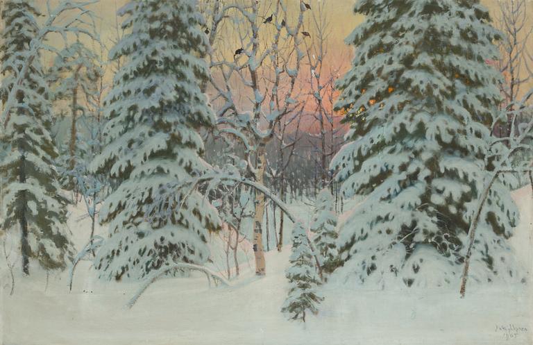 Juho Kyyhkynen, Evening Embroidery with Snow-Laden Spruces.