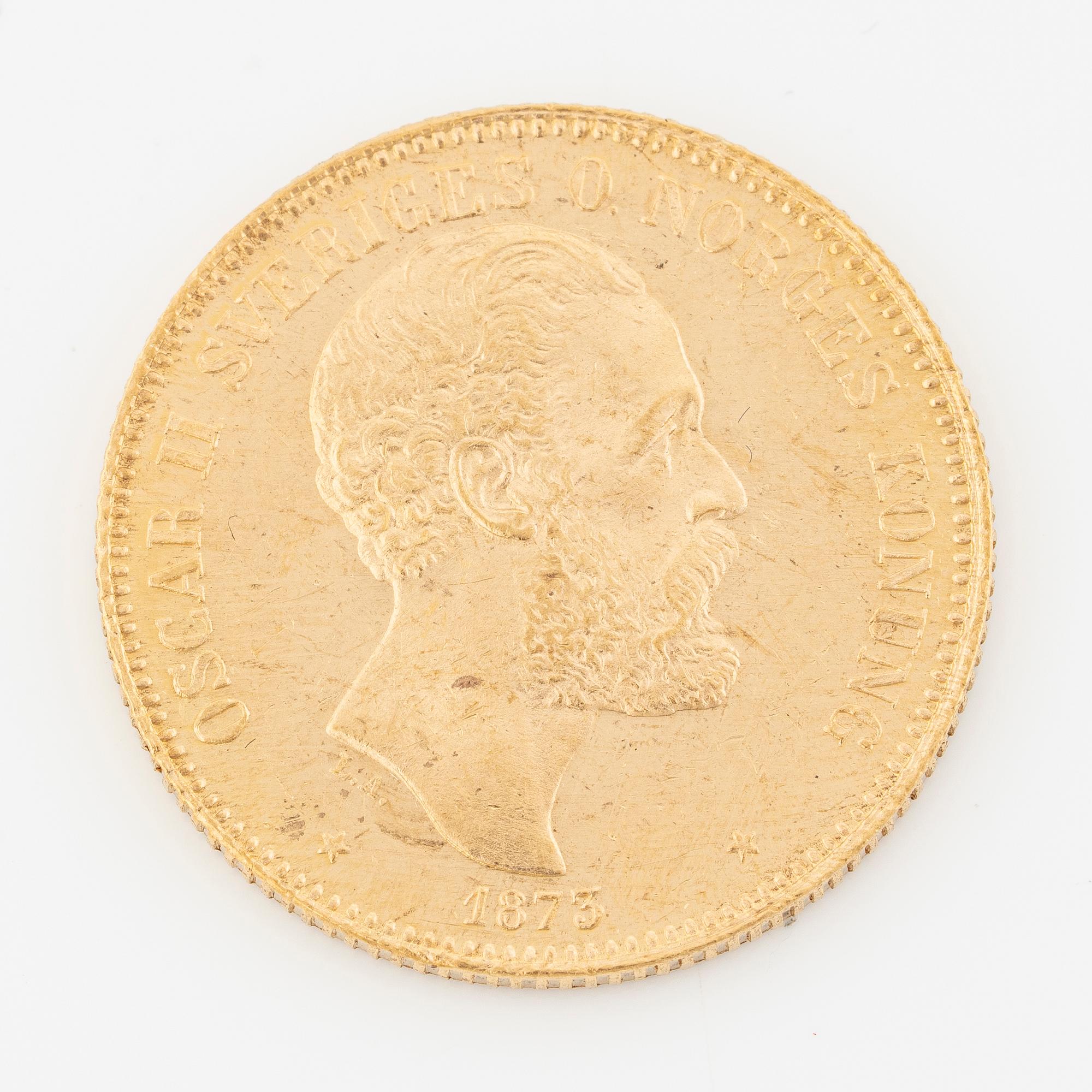 Gold coin, Oscar II, 20 kronor, type I, Sweden 1873.
