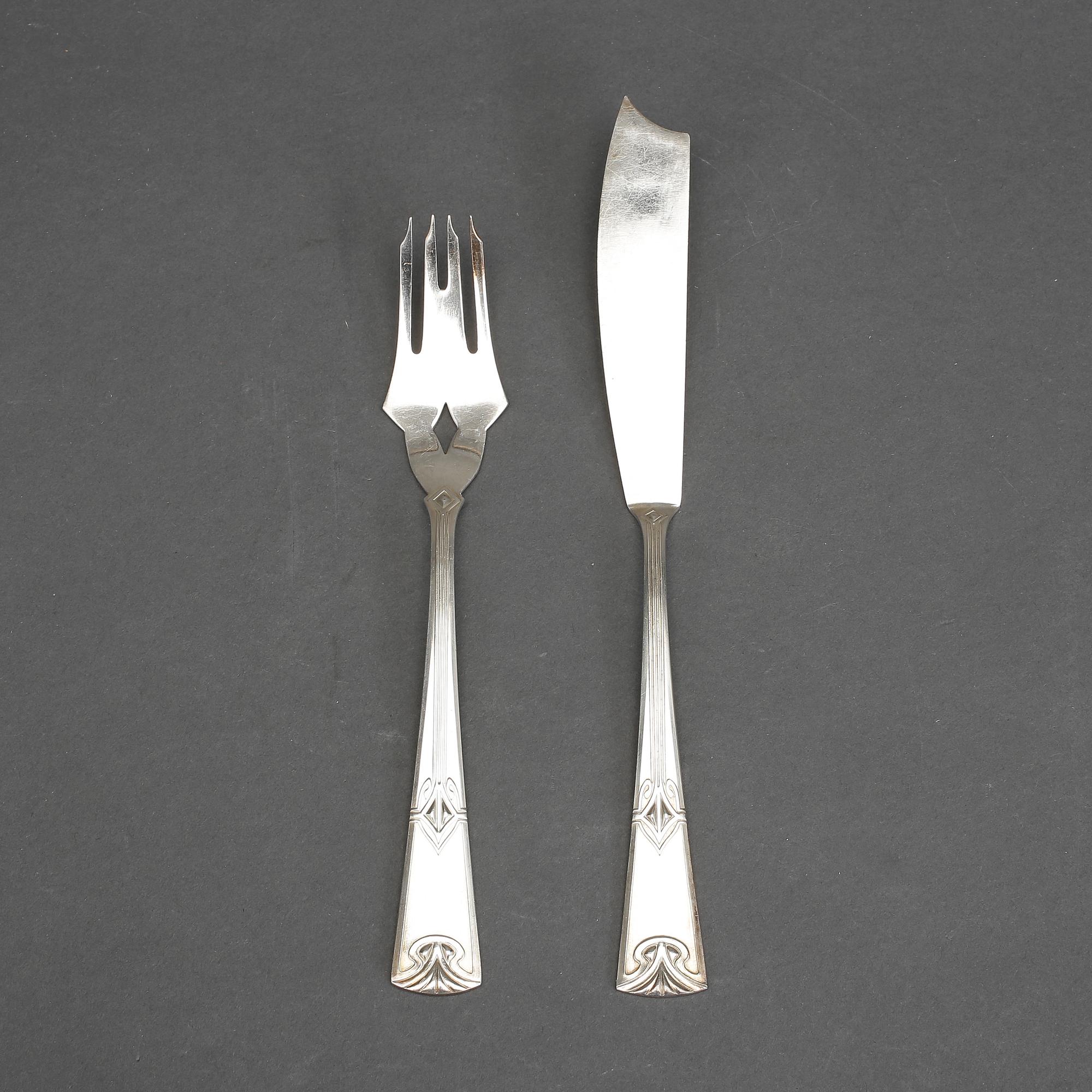 FISKBESTICK, jugend, 24 delar, nysilver, AG Dufva, Stockholm, ca 1900/10.