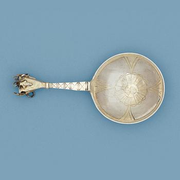 928. A Swedish 18th century parcel-gilt spoon, marks of Benedict Stechaus widow, Karlskrona 1716.