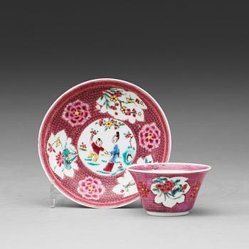 A set of seven odd famille rose cups with saucers, Qing dynasty, Yongzheng (1723-35).