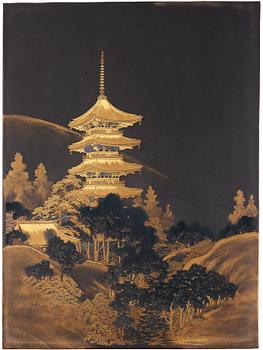 617. A Japanese lacquered and gilded metal panel, late Meiji, early 20th Century. Signed.