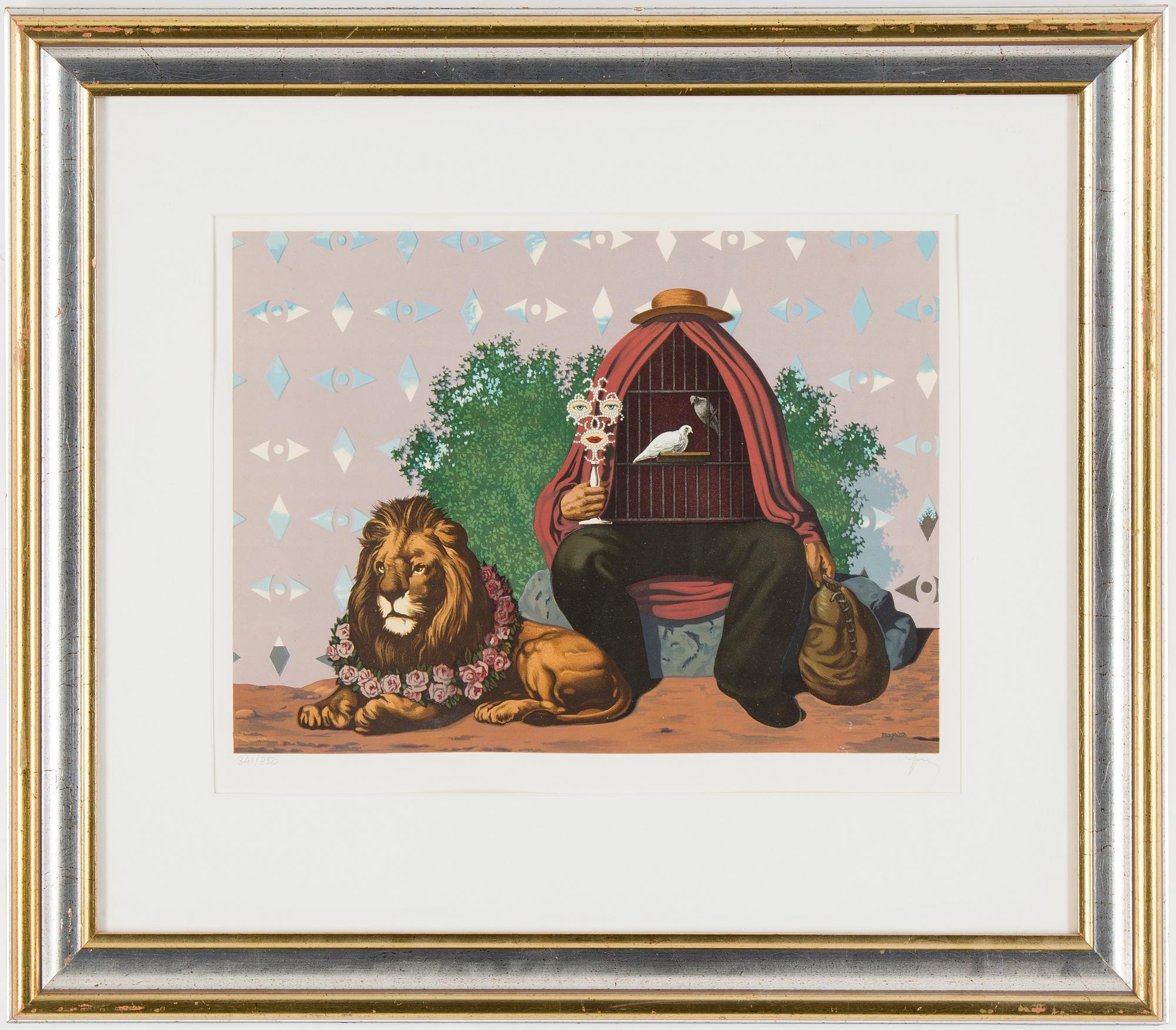 RENE MAGRITTE, färglitografi, efter,  "Les Enfants Trouvés: Deux Tourterelles dans la pénombre de leur Maison".