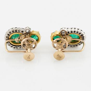 Earrings 9K gold with cabochon-cut emeralds and old-cut diamonds.