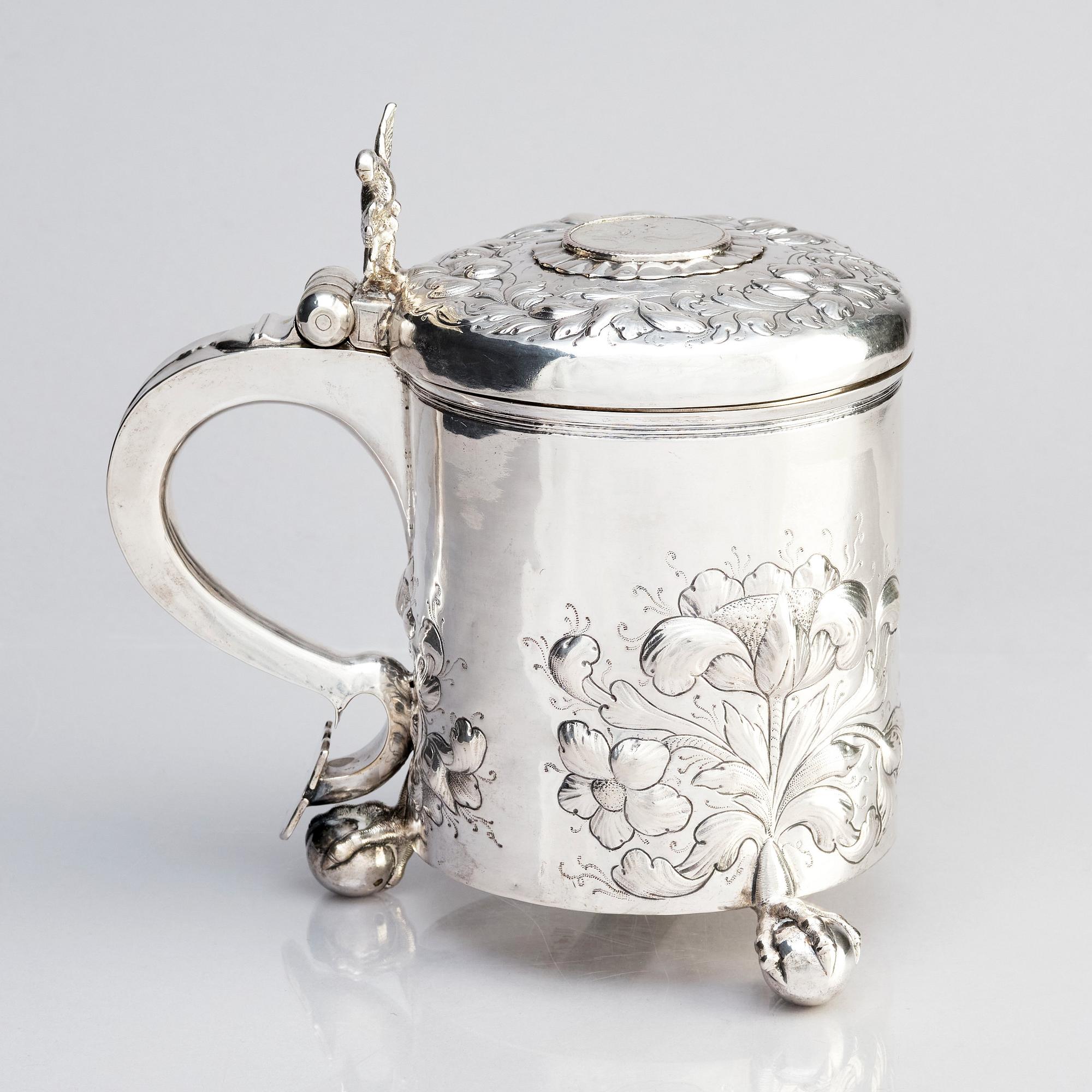 Anders Jensen Scheel, dryckeskanna, silver, Nykøbing (verksam 1677-1706), Danmark. Barock.