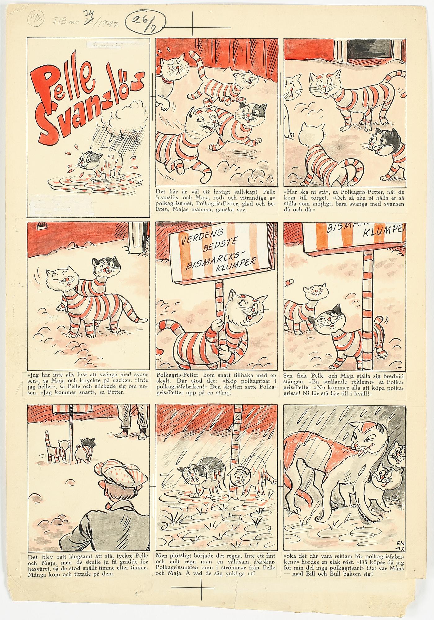 EINAR NORELIUS, 4 tecknade förlagor, tusch och akvarell på papper, för tidning FIB. Monogramsignerade o daterade 46-47.