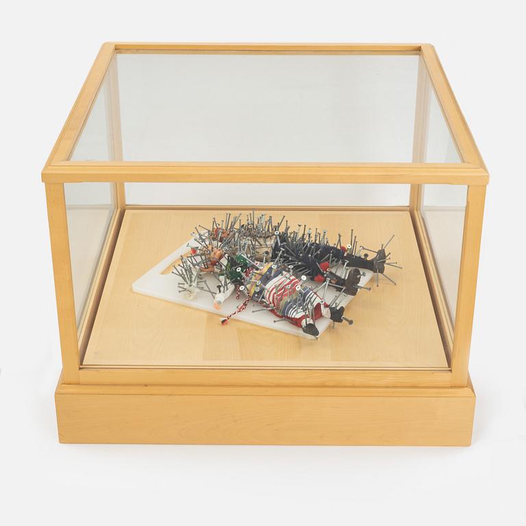 Peter Johansson, mixed media sculpture in glass case, stamped underneath.