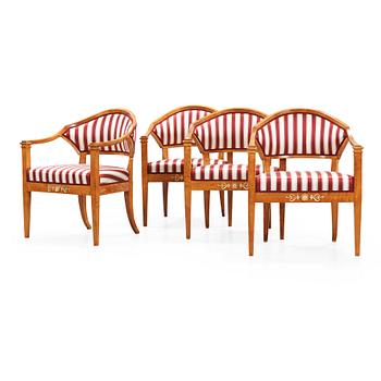 Four Swedish Empire first half 19th century armchairs.