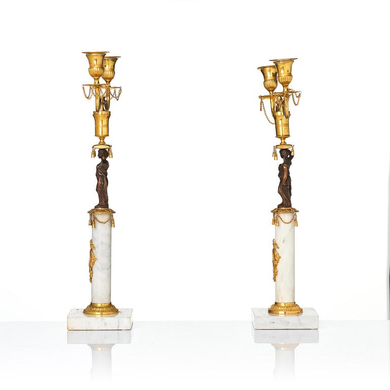 A pair of late Gustavian two-branch candelabra in the manner of F. L. Rung, Stockholm, circa 1800.