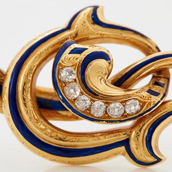 G Möllenborg brosch 18K guld med gammalslipade diamanter och med blå emalj.