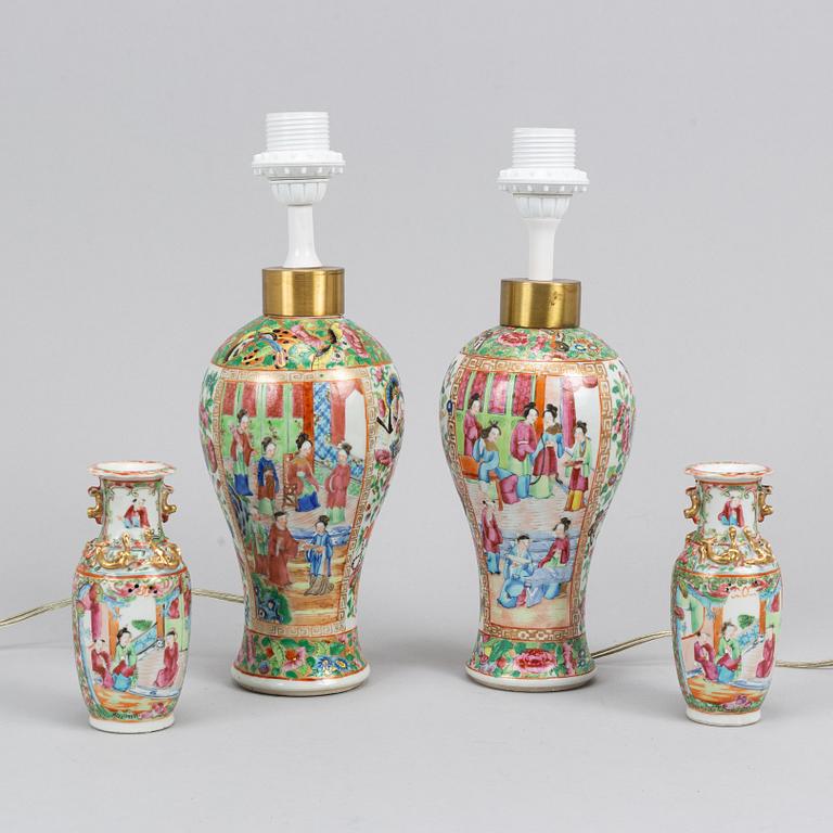 A pair of famille rose Canton table lamps and a pair of vases, late Qing dynasty, 19th Century.