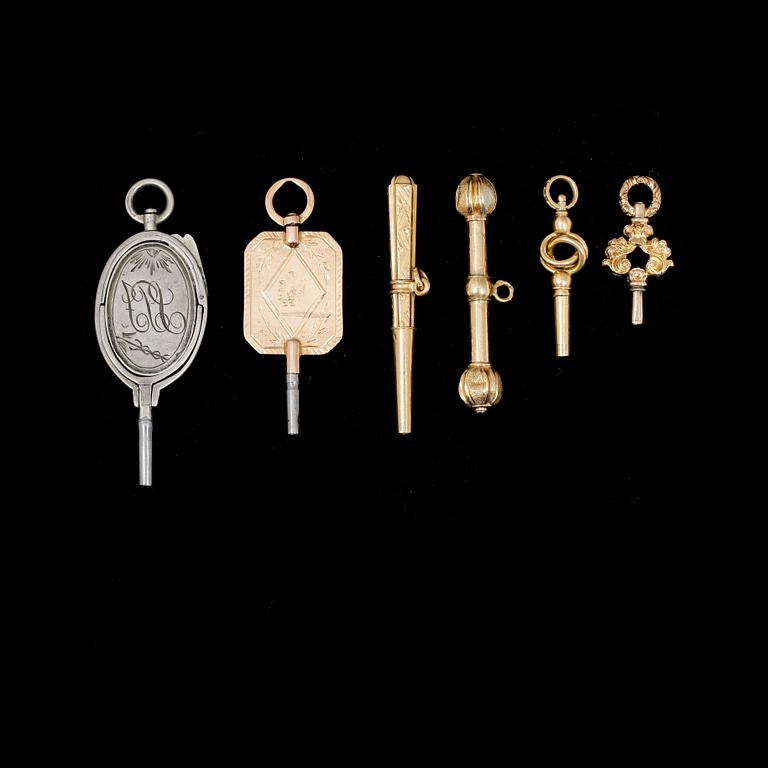 KLOCKNYCKLAR, 6st, varav 5 18k guld o en silver, 1800-1900-tal.