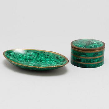 A box with lida and a bowl, malachite and brass, early 20th century.