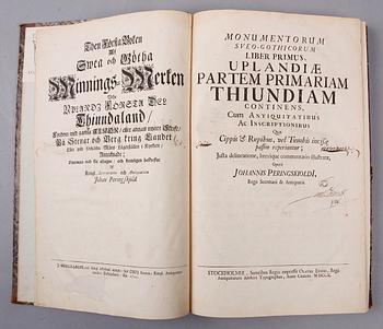 BOK, "Then första boken af Swea och Göta Minnings merken uthi Uplandz..." av Johan Peringskjöld, Stockholm 1710.