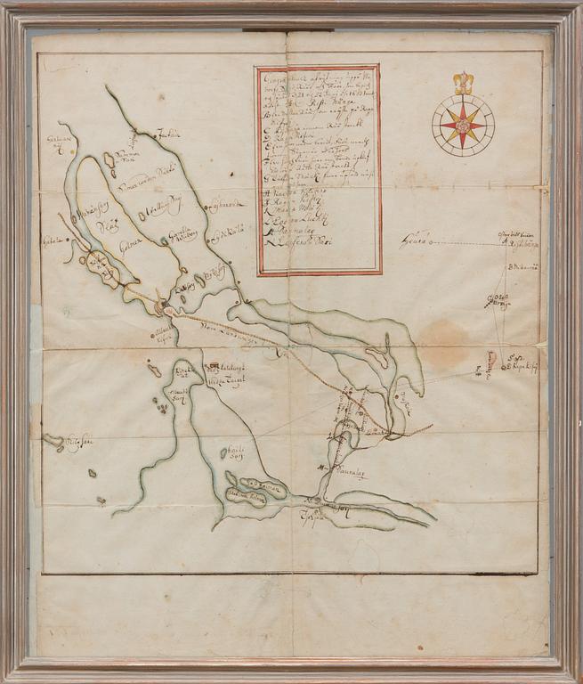 A MAP, handrawn and coloured, Wiborg dated 1653.