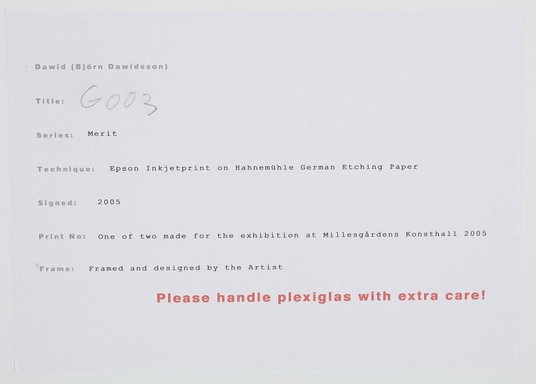 DAWID (BJÖRN DAWIDSSON), Inkjet print, sign o dat 2005, ett av två exemplar som skapats för utställningen "Merit".