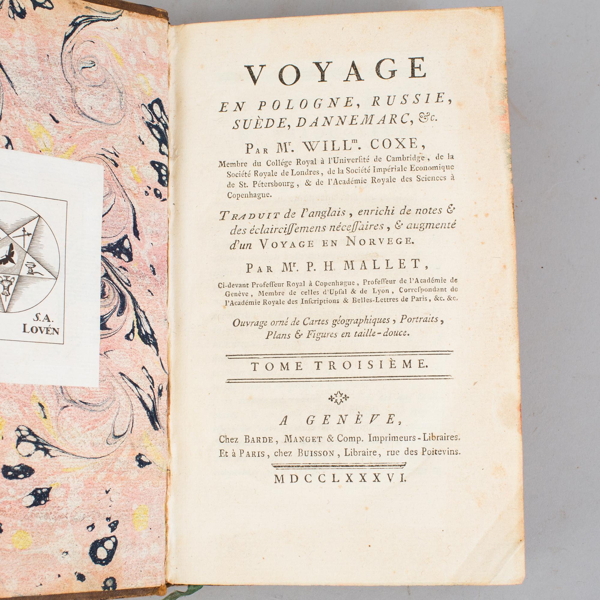 A set of 4 book, William Coxe: Voyage en Pologne, Russie, Suède, Dannemarc,  1-4 vol.   Buisson, Genève, Buisson, 1786.