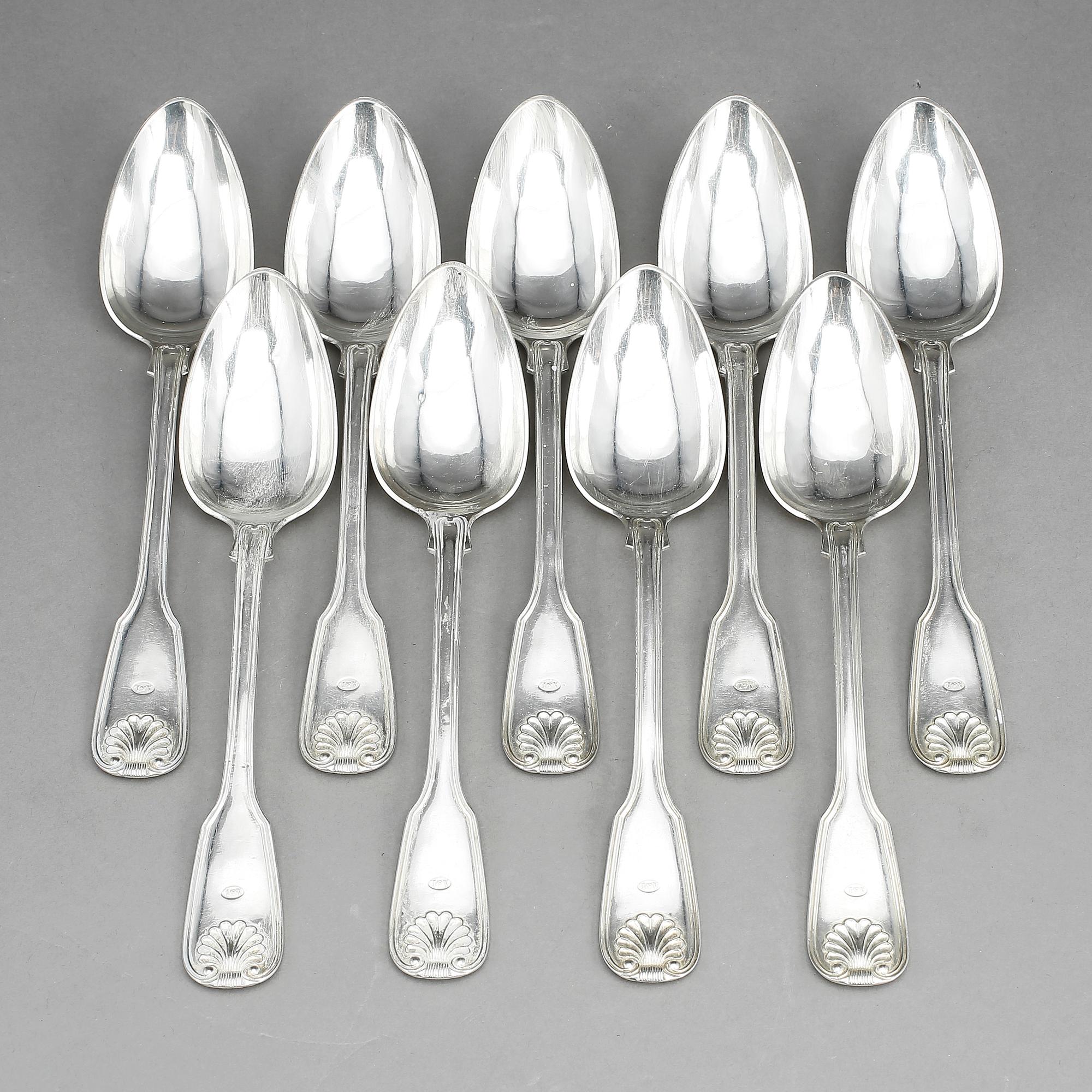 SKEDAR, 9 st, silver, Gustaf Möllenborg Feron, Stockholm 1854. Ca 733 gram.